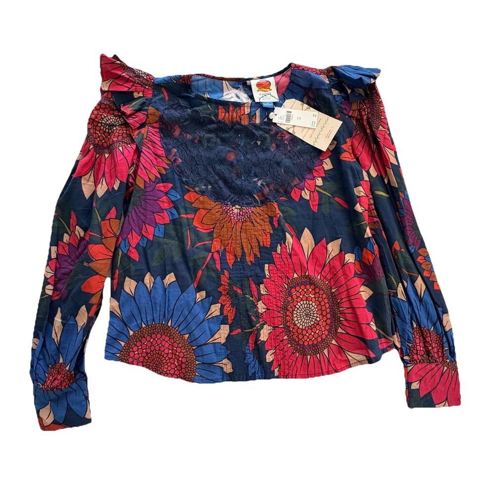 New Farm Rio Anthropologie Floral Lace Ruffled Puff Sleeve Blouse XS $158 NWT